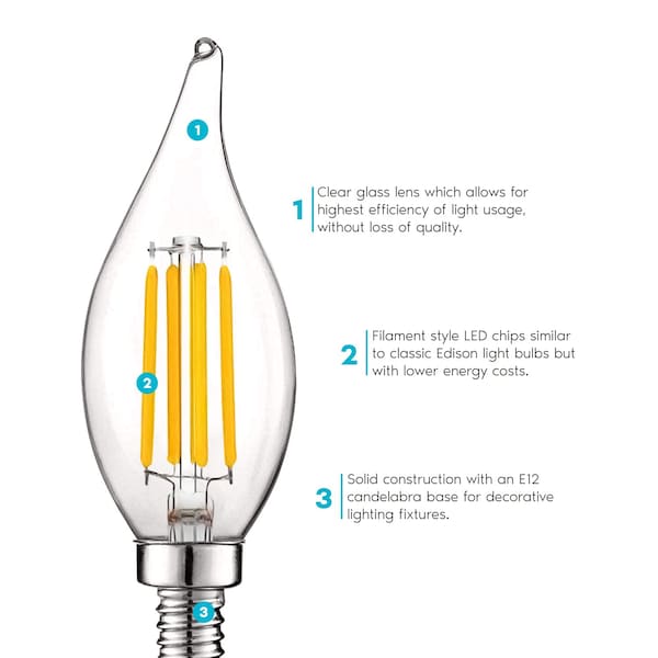 CA11 LED Light Bulbs 5W (60W Equivalent) 550LM 2700K Warm White Dimmable E12 Candelabra Base 12-Pack